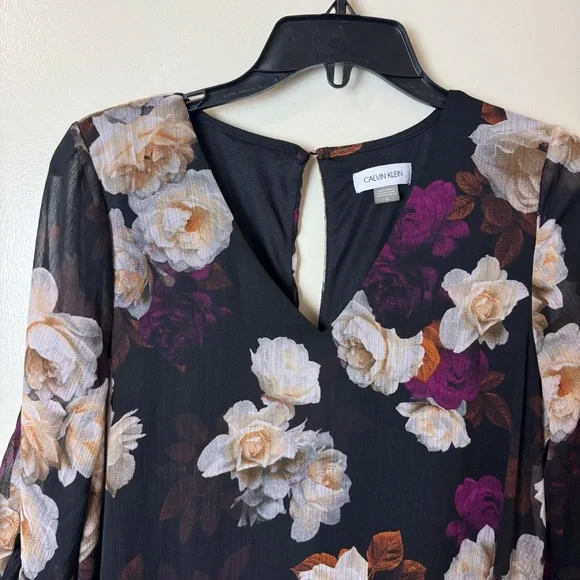 Calvin Klein V-Neck 3/4 Sleeve Crinkled Chiffon Floral Shift Dress Size 8 - Picture 3 of 7